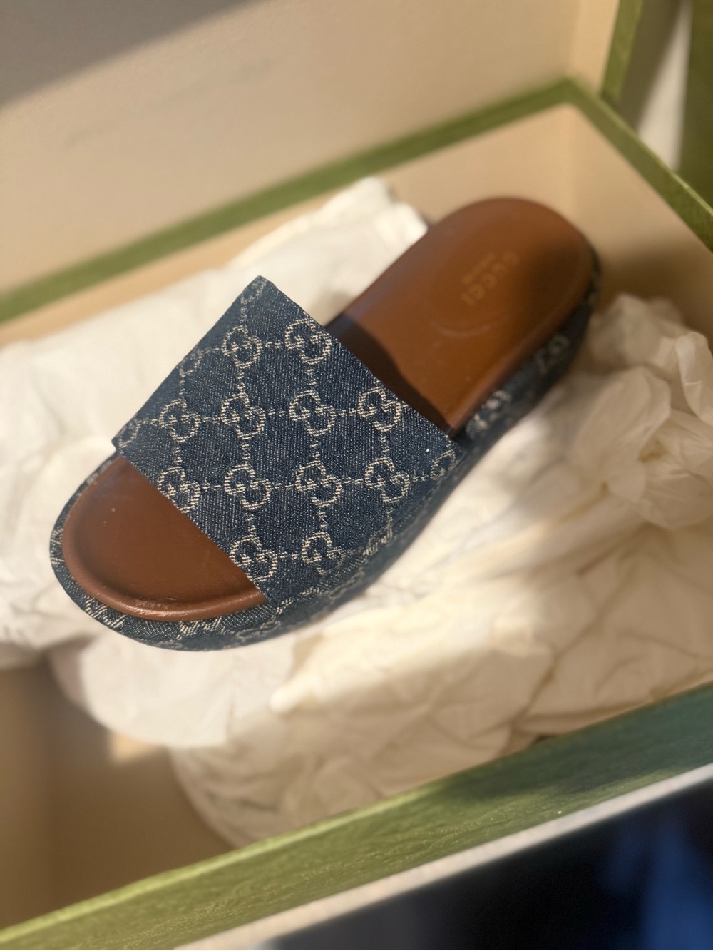 Gucci Denim GG Logo Slide Sandals in Blue with Brown Footbed - Picture 3 of 5